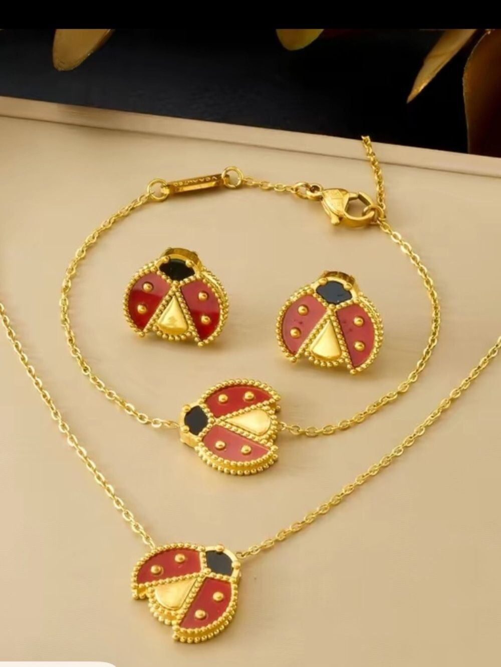 Gold-Plated Red Ladybug Necklace, Bracelet & Earring Set - Picture 2 of 9